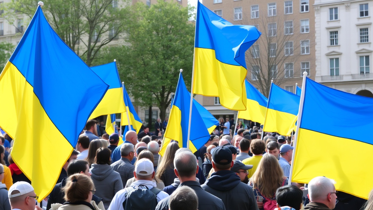 A group of people gathers in a city square holding blue and yellow flags.