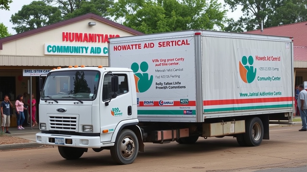 A humanitarian aid truck parked in front of a community center.