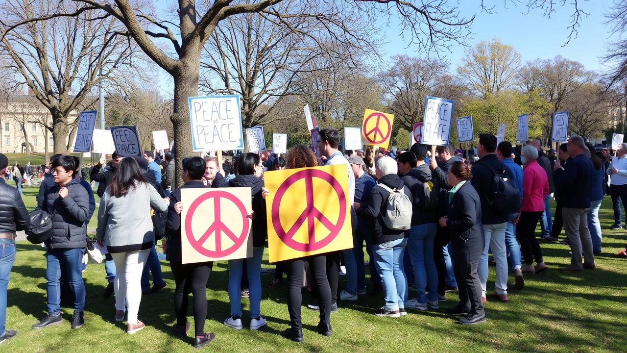 A group of people gather in a park holding signs for peace.
