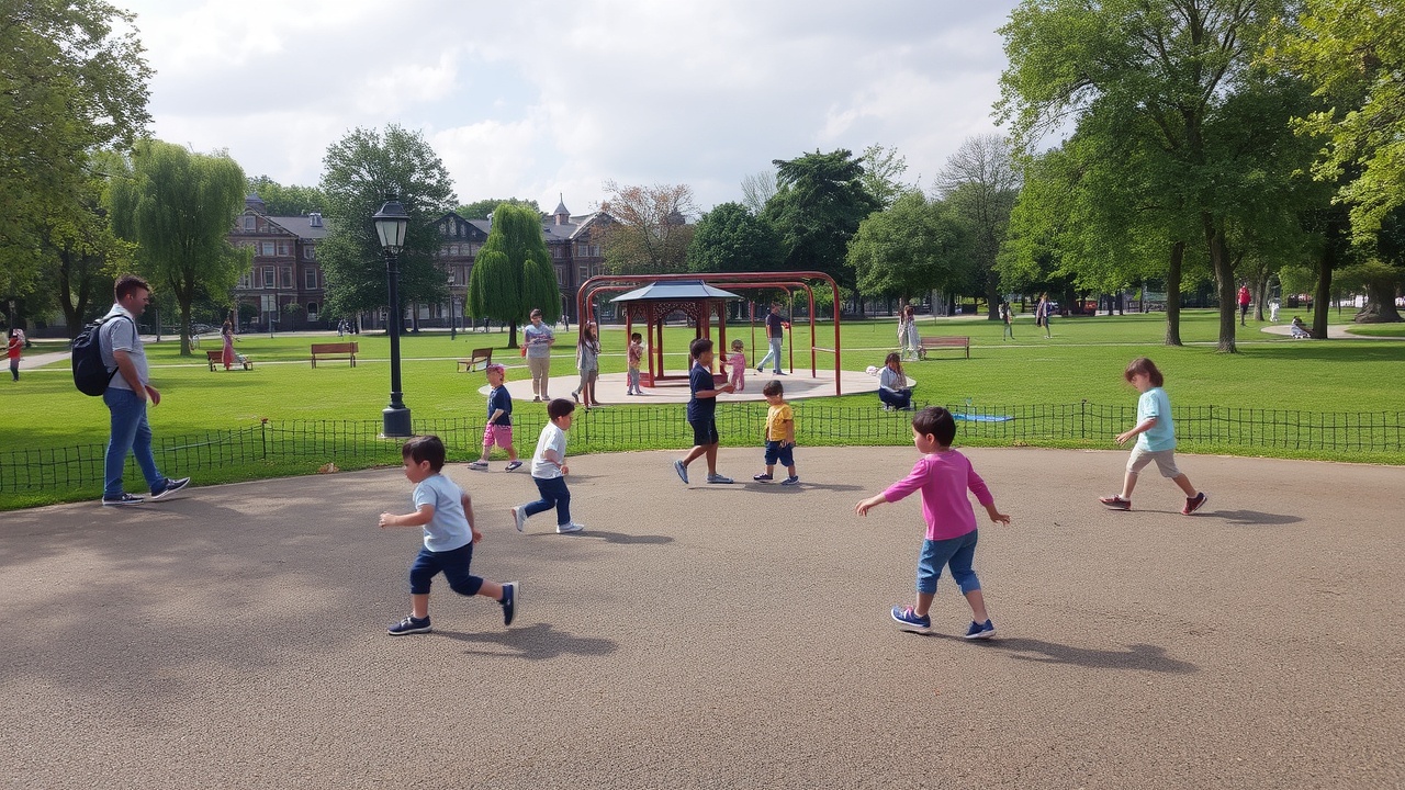 Children play in a park while adults watch nearby.