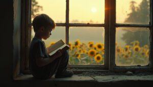 Free chapter from a Ukrainian orphan memoir about survival, identity, and resilience – cinematic orphanage window scene with golden light