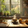 A rustic kitchen table adorned with ginger, turmeric, and lemon, with a steaming cup of healing tea, representing natural remedies for organ health.