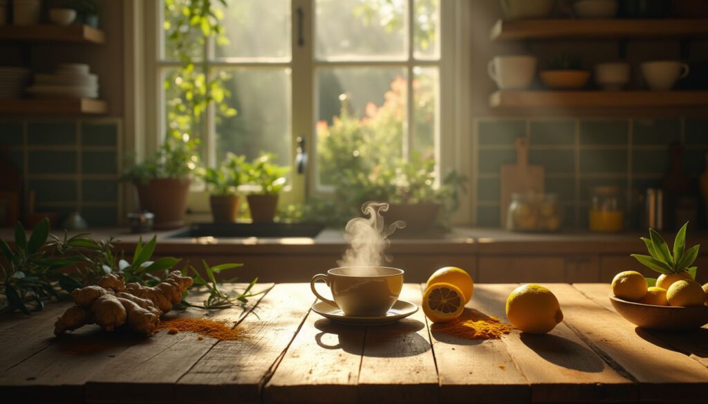 A rustic kitchen table adorned with ginger, turmeric, and lemon, with a steaming cup of healing tea, representing natural remedies for organ health.