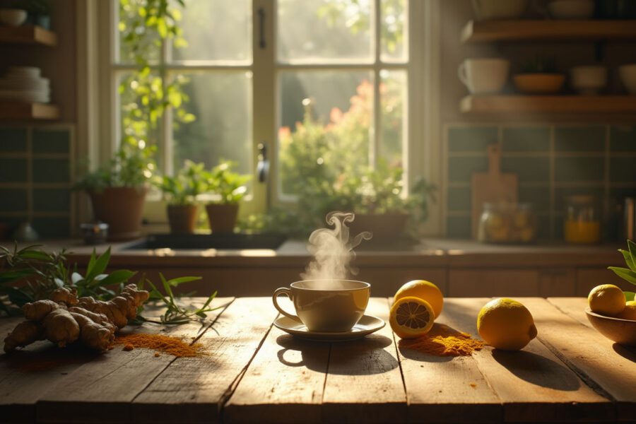 A rustic kitchen table adorned with ginger, turmeric, and lemon, with a steaming cup of healing tea, representing natural remedies for organ health.