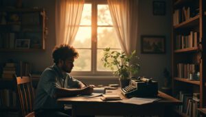 A solitary figure writing in a journal at a rustic wooden desk, surrounded by vintage books, reflecting on their journey of healing through memoir writing.
