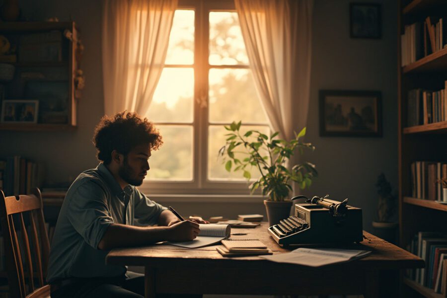 A solitary figure writing in a journal at a rustic wooden desk, surrounded by vintage books, reflecting on their journey of healing through memoir writing.