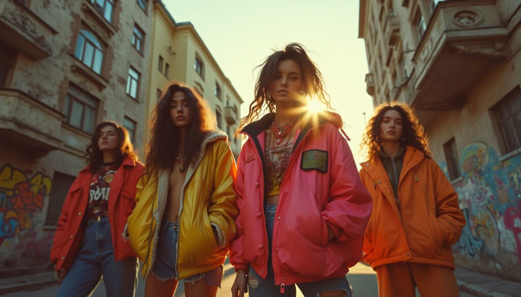 Fashion in 80: Young Soviet fashion enthusiasts showcasing bold styles against a vintage urban backdrop.