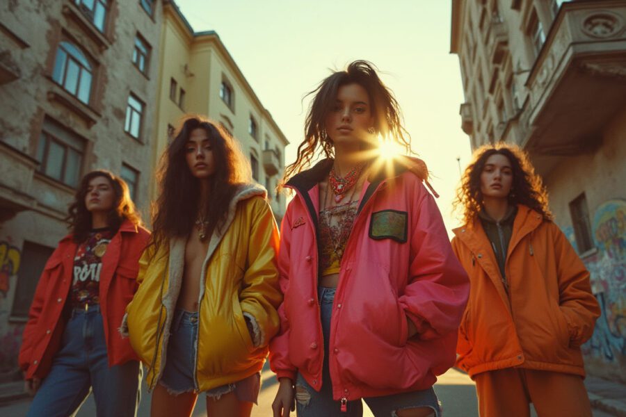 Fashion in 80: Young Soviet fashion enthusiasts showcasing bold styles against a vintage urban backdrop.