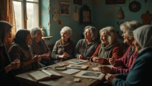 Cinematic image depicting resilient Ukrainian women sharing survival stories in a warm community center, symbolizing strength and hope amidst adversity.