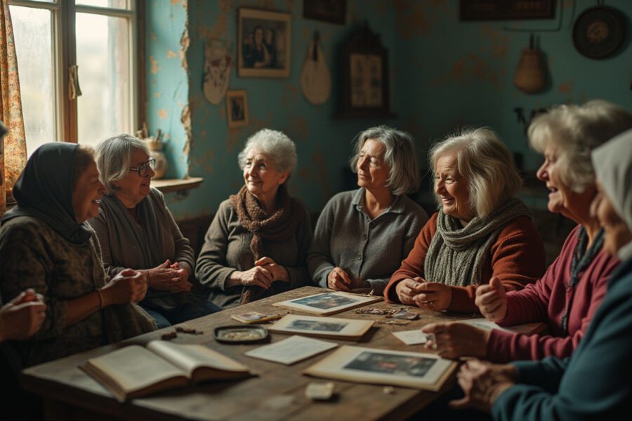Cinematic image depicting resilient Ukrainian women sharing survival stories in a warm community center, symbolizing strength and hope amidst adversity.