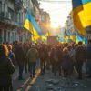 A group of Ukrainian people holding flags, gathered in a damaged urban street, showcasing unity amidst destruction, symbolizing hope and resilience.