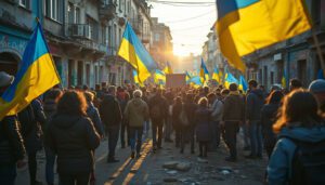 A group of Ukrainian people holding flags, gathered in a damaged urban street, showcasing unity amidst destruction, symbolizing hope and resilience.