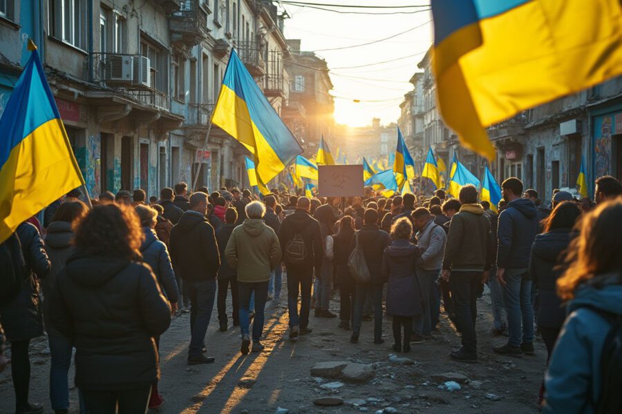 A group of Ukrainian people holding flags, gathered in a damaged urban street, showcasing unity amidst destruction, symbolizing hope and resilience.