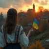 A young Ukrainian woman holding a small flag, standing on a hill overlooking a war-torn village at twilight, symbolizing resilience and cultural identity.