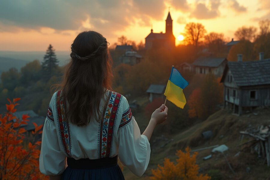 A young Ukrainian woman holding a small flag, standing on a hill overlooking a war-torn village at twilight, symbolizing resilience and cultural identity.