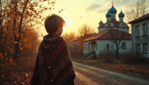 A young boy in a shawl stands at the edge of a quiet Ukrainian village at dusk, facing the horizon with a look of reflection and hope, with soft golden light and Soviet-era buildings in the background.