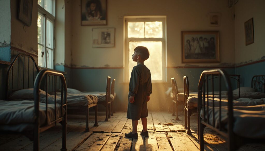 A young boy around 10 years old stands in a Ukrainian orphanage, bathed in golden hour light, gazing at an old family photo, evoking nostalgia and resilience amidst worn memorabilia.
