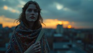 Woman holding a book wrapped in Ukrainian-style shawl at sunset, symbolizing personal stories, memoir, and life in Ukraine