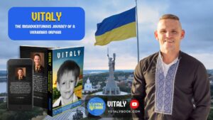 Vitaly Magidov, Ukrainian author of memoir on orphanhood and LGBTQ+ identity, standing proudly before Motherland Monument and Ukrainian flag