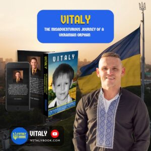 Vitaly Magidov in traditional Ukrainian embroidery, with his memoir displayed beside the Ukrainian flag at sunset, symbolizing resilience and identity