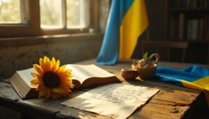 Warm sunlight over handwritten letter and memoir on wooden table with sunflower and Ukrainian flag