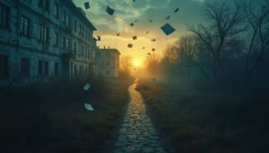 Dark abstract background representing a Ukrainian orphan’s journey, memoir pages, and a symbolic path of resilience from Vitaly's book