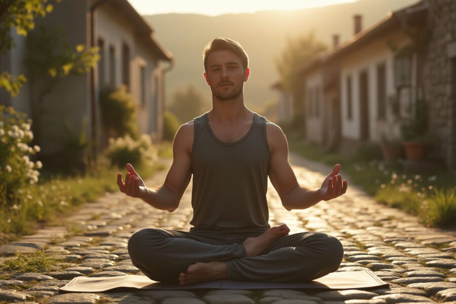 A young man practicing yoga on the cobblestone streets of a Ukrainian village at dawn, embodying tranquility and resilience in a serene setting.