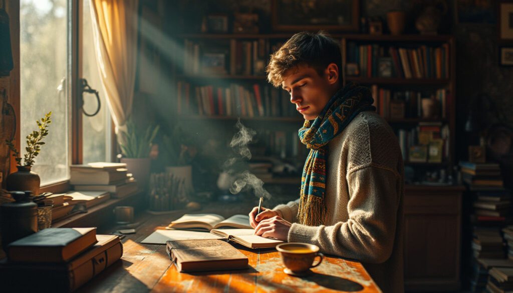 A young Ukrainian gay author immersed in writing at an antique desk, surrounded by cultural artifacts and books, conveying themes of resilience and belonging.