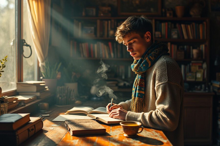A young Ukrainian gay author immersed in writing at an antique desk, surrounded by cultural artifacts and books, conveying themes of resilience and belonging.